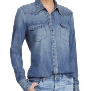AG Adriano Goldschmied Women's Blue Denim Western Button Down Shirt